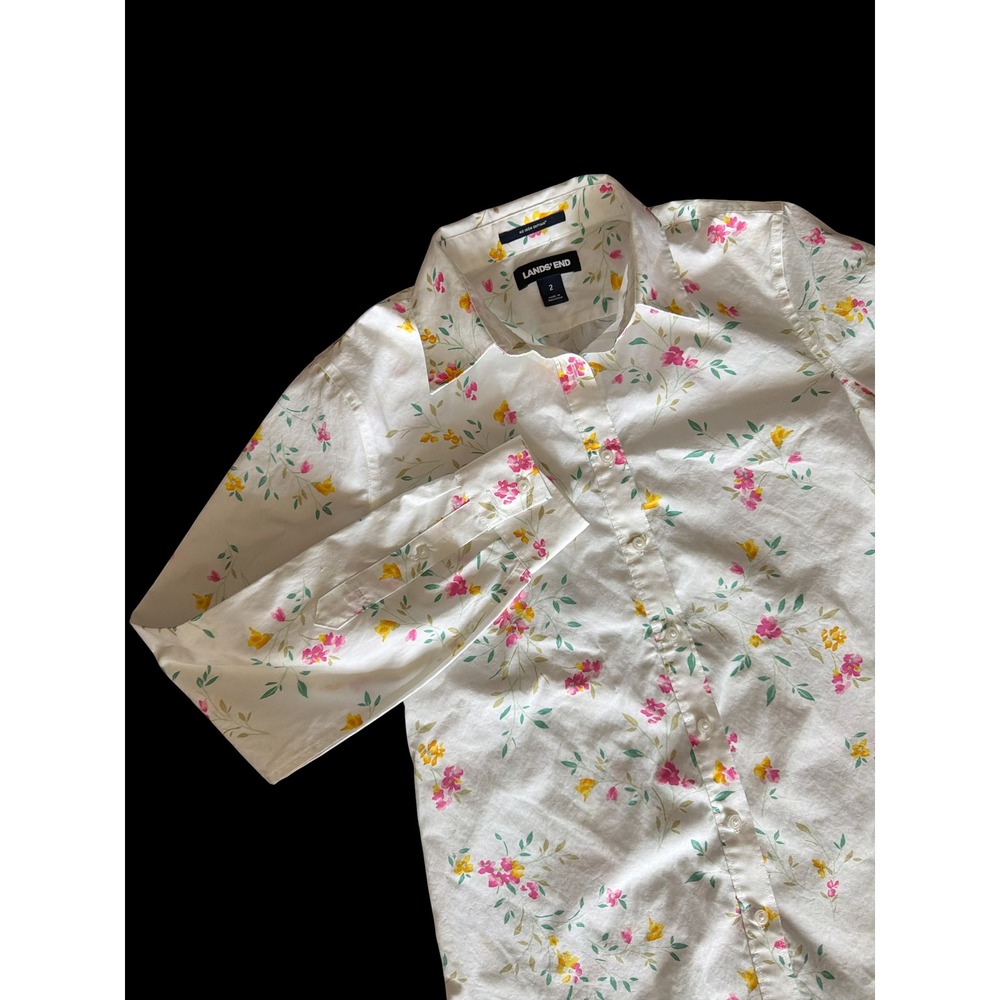 Lands' End No Iron Supima Cotton Floral Button Down Shirt White Pink Yellow Sz 2